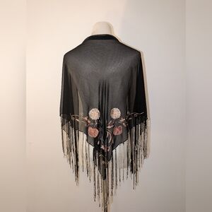 Vintage Elegant Black Shawl with Floral Embroidery